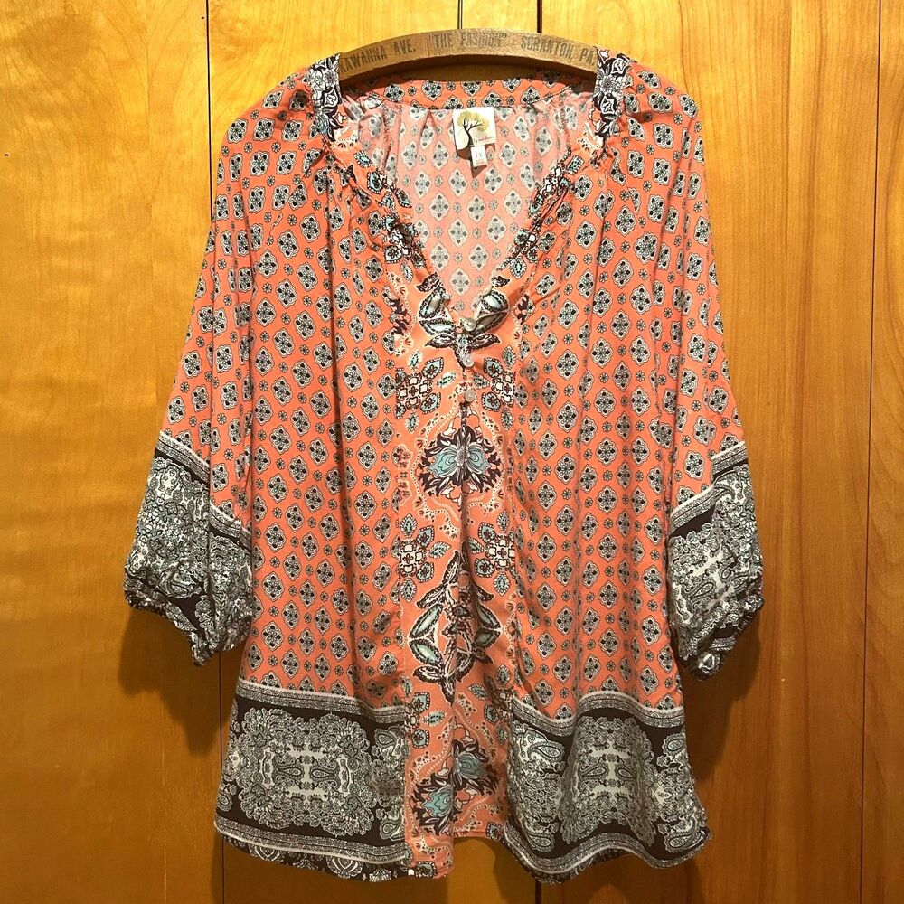 Fig and Flower 1X Coral / Orange Geometric Print Blouse-Boho-Cottagecore-Peasant